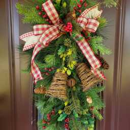 Rustic Primitive Christmas Bell Swag With Grapevine Pinecones Berries & Red White Check Bow Farmhouse Winter Door Wreath - thumbnail 3