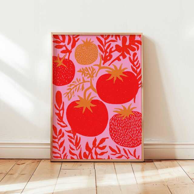 Bohemian Tomato Art Print, Folk Kitchen Wall Decor, Maximalist Foodie Poster, Pink Aesthetic Unique Eclectic Gift - image 1