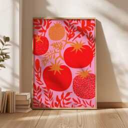 Bohemian Tomato Art Print, Folk Kitchen Wall Decor, Maximalist Foodie Poster, Pink Aesthetic Unique Eclectic Gift - thumbnail 3