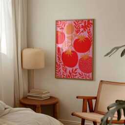 Bohemian Tomato Art Print, Folk Kitchen Wall Decor, Maximalist Foodie Poster, Pink Aesthetic Unique Eclectic Gift - thumbnail 2