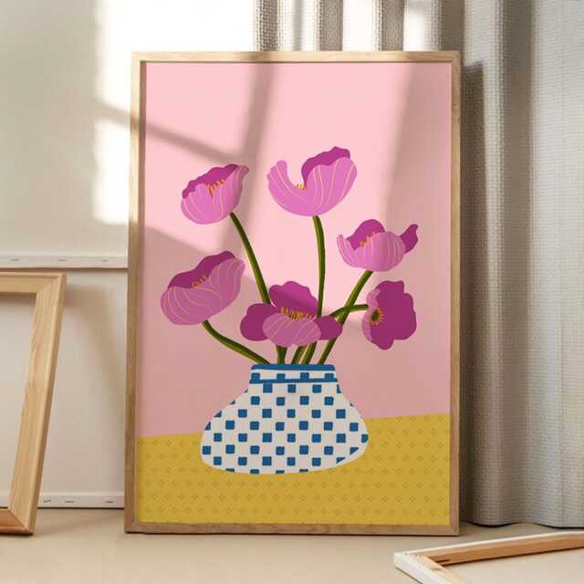 Bright Pink Floral Art Canvas Poster, Trendy Wall Art, Apartment Aesthetic Decor, Retro Home Printed Gift - image 1