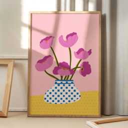 Bright Pink Floral Art Canvas Poster, Trendy Wall Art, Apartment Aesthetic Decor, Retro Home Printed Gift - thumbnail 1