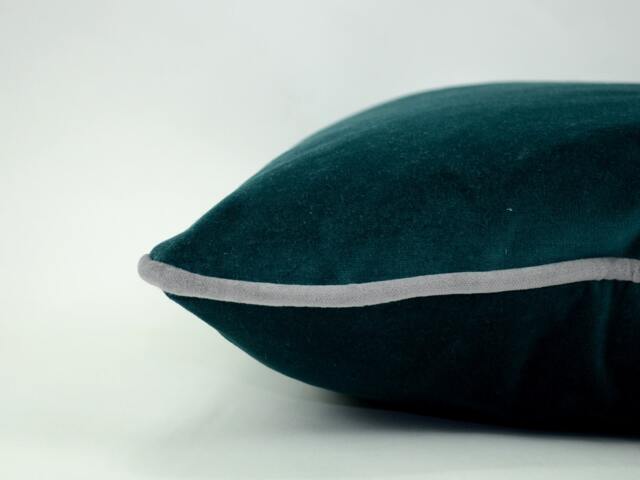 Teal Velvet Pillow Cover With Grey Piping - Heavyweight Cotton Cushion Case - image 1