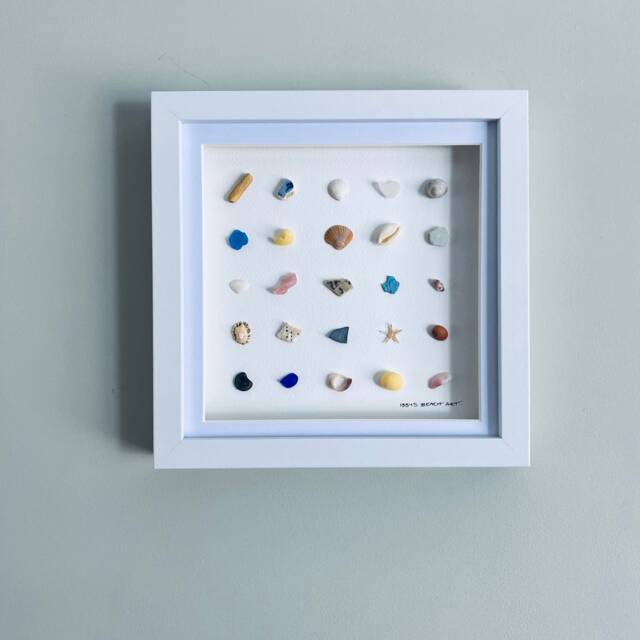Cornish Sea Glass & Shell Wall Art Coastal Treasures Grid Framed Picture Beach House Decor Handmade in Cornwall - image 1
