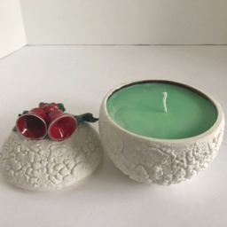 Peach Mango Scented Soy Candle in A Ceramic White Ball With Red Bells - thumbnail 3