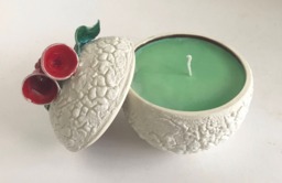 Peach Mango Scented Soy Candle in A Ceramic White Ball With Red Bells