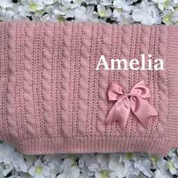 Personalised Baby Blanket Knitted With Bow Embroidered Name New Baby Gift - thumbnail 3