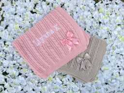 Personalised Baby Blanket Knitted With Bow Embroidered Name New Baby Gift - thumbnail 1