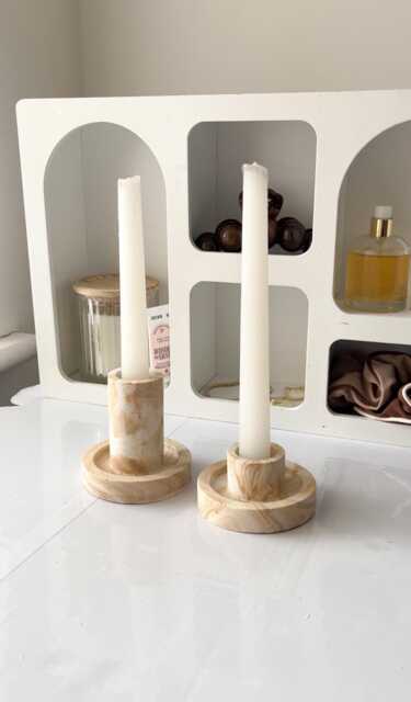 Candle Stick Holder Set Of 2 , Choose Different Colour Effects, Handmade - Jesmonite Neutral Home Decor & Gifts - image 1