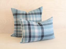 Shale & Black Plaid Wool Pillow Cover, Blue Cover - Made To Order
