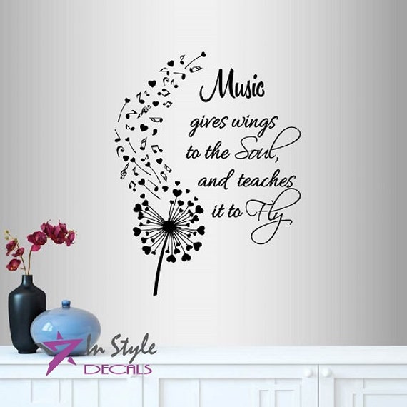 In-Style Decals Wall Vinyl Decal Art Sticker Music Gives Wings To The Soul Quote Phrase Dandelion Musical Notes Hearts Removable Design 743 - image 1