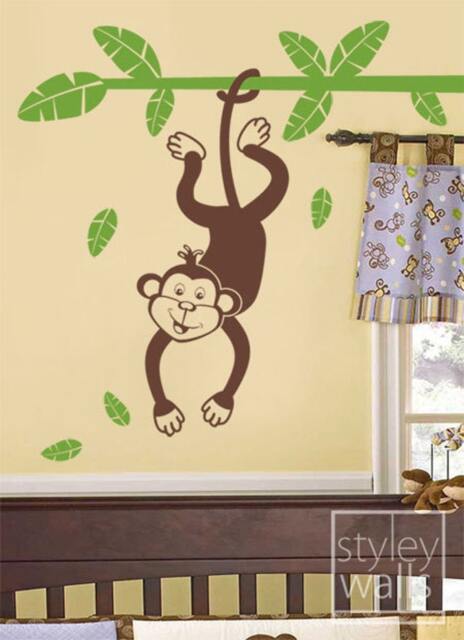 Monkey Wall Decal Vinyl For Kids, Jungle Swinging From A Branch, Decal, Safari Branch And - image 1