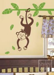 Monkey Wall Decal Vinyl For Kids, Jungle Swinging From A Branch, Decal, Safari Branch And - thumbnail 1