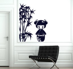 Wall Art Decal Kokeshi Japanese Doll With Bamboo Branches Kids Play Room Decor - #2607Dn