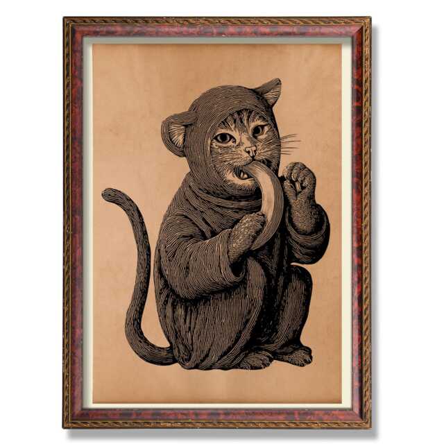 Vintage Cat Monkey Poster - Antique Style Animal Illustration, Rustic Wall Art, Quirky Banana Decor - image 1