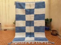 Checkered Moroccan Wool Rug White & Blue Tribal Design - 5.2 X 7.10 Ft - thumbnail 1