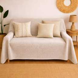 White Cotton Throw Blanket Sofa Cover, Recycled Couch Throw, Large Woven Cream Blanket, Neutral Minimalist Home Decor - thumbnail 2