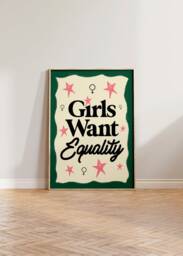 Feminist Print, Retro Wall Art, Feminism Poster, Girls Want Equality, Gift For Her, Mid Century Empowerment Decor, Pink Green - thumbnail 1