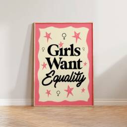 Feminist Print, Retro Wall Art, Feminism Poster, Girls Want Equality, Gift For Her, Mid Century Empowerment Decor, Pink Green - thumbnail 3