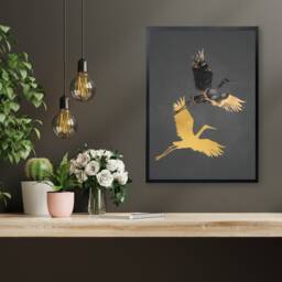 Black & Gold Crane Print, Birds Wall Art, Japanese Inspired Fluid Ink Art Style - thumbnail 3