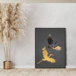 Black & Gold Crane Print, Birds Wall Art, Japanese Inspired Fluid Ink Art Style - thumbnail 2
