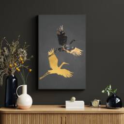 Black & Gold Crane Print, Birds Wall Art, Japanese Inspired Fluid Ink Art Style - thumbnail 1