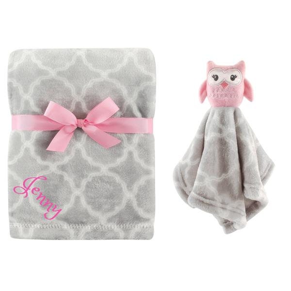 Personalized Blanket & Security Blanket Set For Baby Custom Monogram /Name Embroidered Gift Pink Owl Shower Infant - image 1