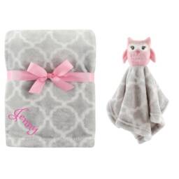 Personalized Blanket & Security Blanket Set For Baby Custom Monogram /Name Embroidered Gift Pink Owl Shower Infant - thumbnail 1