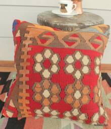 40cm Vintage Kilim Cushion Cover Handwoven - Marroon/Wine Red Slit Weave