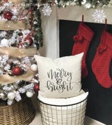 Merry & Bright Christmas Pillow Cover Rustic Linen Farmhouse Decor - thumbnail 1