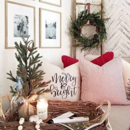 Merry & Bright Christmas Pillow Cover Rustic Linen Farmhouse Decor - thumbnail 2