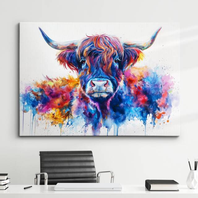 Highland Scottish Cow Painting Colouful Abstract Modern Wall Art, Framed Canvas Poster Print, Home/Office Room Decor, Gifts - image 1