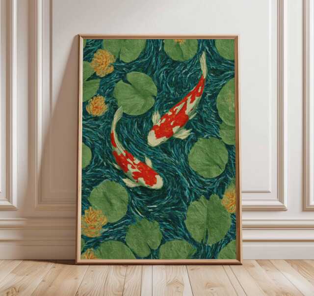 Koi Fish Wall Art, Japanese Pond Poster Print, Oriental Home Decor, Zen Water Garden Artwork, Lotus Flower Botanical Print - image 1