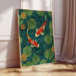 Koi Fish Wall Art, Japanese Pond Poster Print, Oriental Home Decor, Zen Water Garden Artwork, Lotus Flower Botanical Print - thumbnail 2