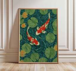 Koi Fish Wall Art, Japanese Pond Poster Print, Oriental Home Decor, Zen Water Garden Artwork, Lotus Flower Botanical Print - thumbnail 1