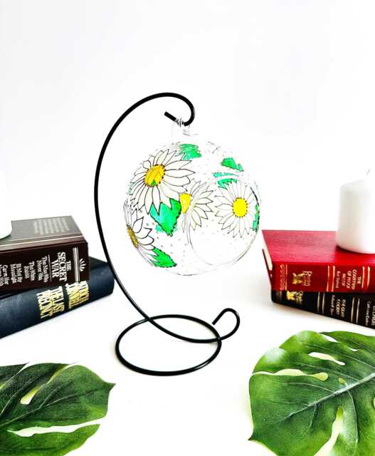 Hand Painted Daisy Flower Glass Candle Holder With Metal Stand - image 1