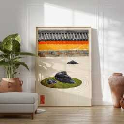 Japanese Zen Garden Wall Art - Woodblock Print, Art, Traditional Kyoto Landscape Poster, Serene Minimalist Decor - thumbnail 2