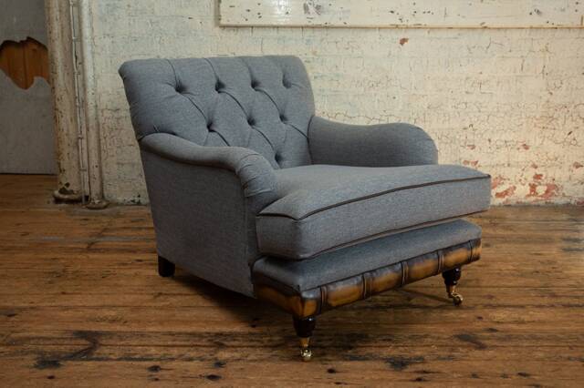 British Handmade Iron Grey Herringbone Wool Chesterfield Armchair With Antique Tan Leather - Other Colours + - image 1
