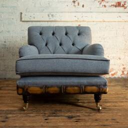 British Handmade Iron Grey Herringbone Wool Chesterfield Armchair With Antique Tan Leather - Other Colours + - thumbnail 2