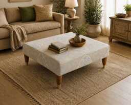 Handmade Ottoman Coffee Table Bench - Boho Floral Tapestry Linen