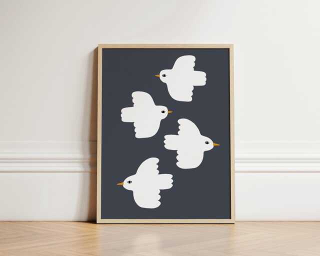 Flying Doves Print, Nursery Illustration Kids Bedroom Art, Wall Room Play Room, Unframed - image 1