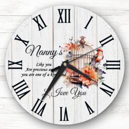 Wood Effect Nanny Floral Bird Cage Personalised Gift Clock - thumbnail 1