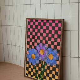 Retro Flower Print Checkerboard Floral, 70S Groovy Art - thumbnail 2