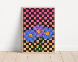 Retro Flower Print Checkerboard Floral, 70S Groovy Art - thumbnail 1