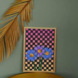 Retro Flower Print Checkerboard Floral, 70S Groovy Art - thumbnail 3