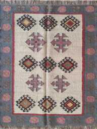 Handwoven Wool Jute Kilim Rug - Tribal Geometric Design For Living Area , Bedroom - thumbnail 1