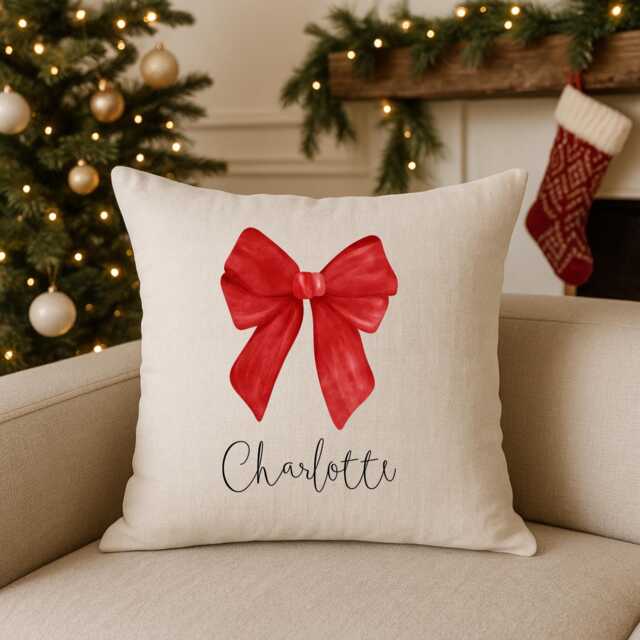 Personalised Bow Christmas Cushion - Custom Family Name Festive Pillow - Holiday Home D??cor & Gift - image 1