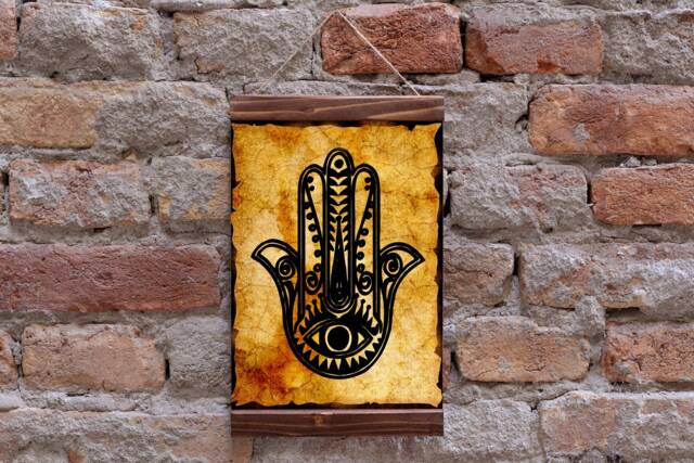 Hamsa Hand Charm Kabbalah Ancient Talisman Evil Eye Protection Wood Framed Canvas Print, Judaism Talmud Torah Zohar , Ready To Hang - image 1