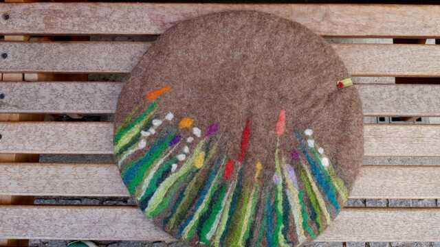 Handfelted Seat Cushion With Grass & Flowers, Spring, Brown - image 1