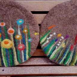 Handfelted Seat Cushion With Grass & Flowers, Spring, Brown - thumbnail 3